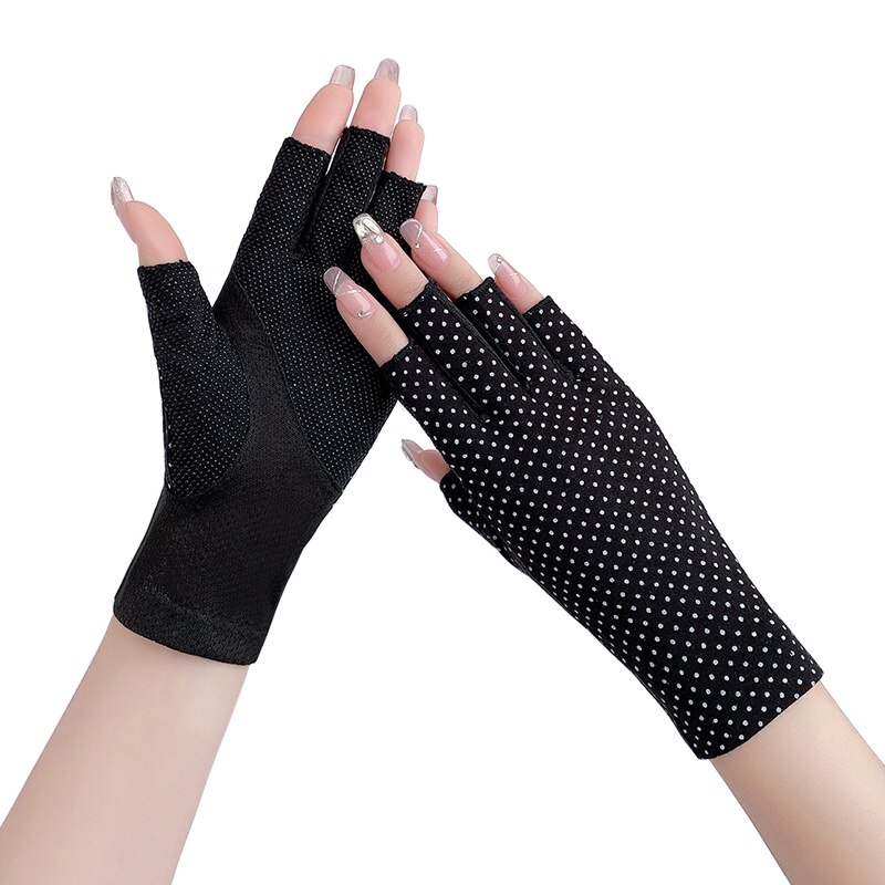 Guantes finos de algodón sin dedos para mujer, antideslizantes, transpirables, protectores solares, elásticos, de medio dedo para conducir, Verano: Negro