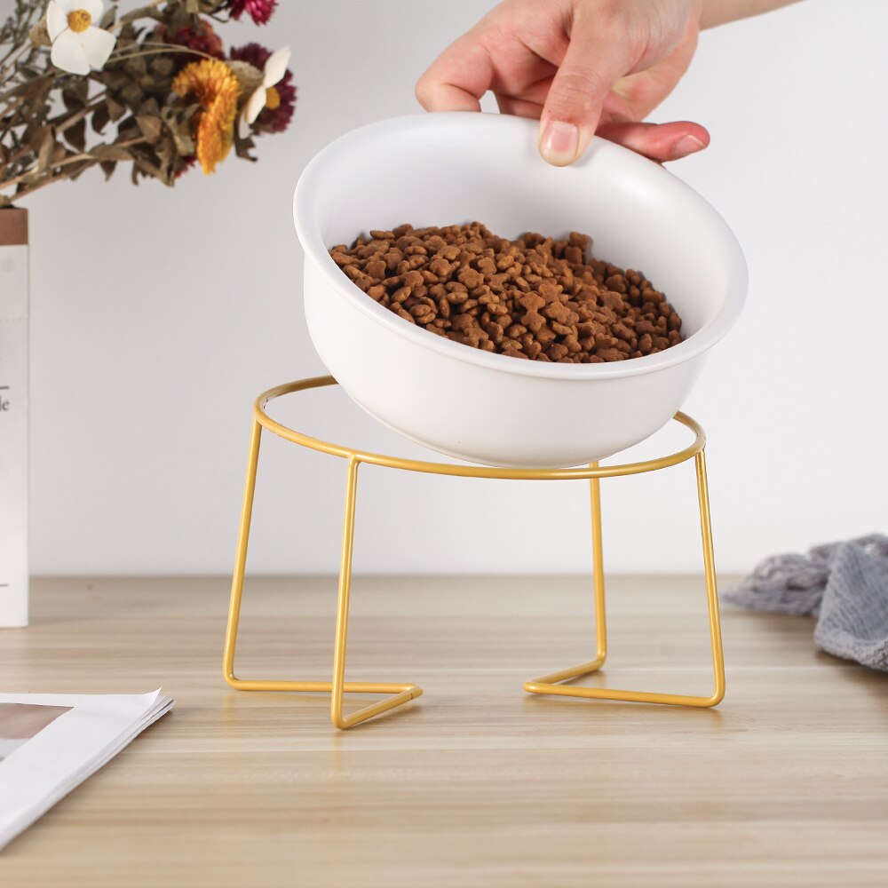 Ceramiczna/szklana podwyższona miska dla psa podniesiona karma dla kotów miseczka na wodę danie dla zwierząt komfortowe miski robić karmienia ze złotym żelaznym stojakiem