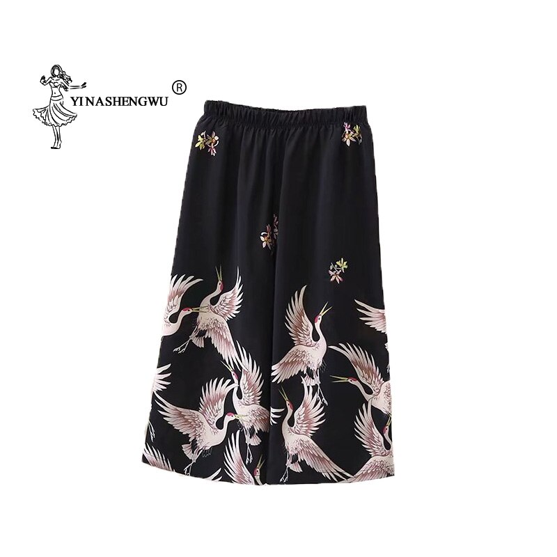 Pantalones largos tipo Kimono para hombre y mujer, pantalón largo estilo japonés, Haori, holgado, informal, con estampado de grulla, traje asiático, Yukata, Unisex