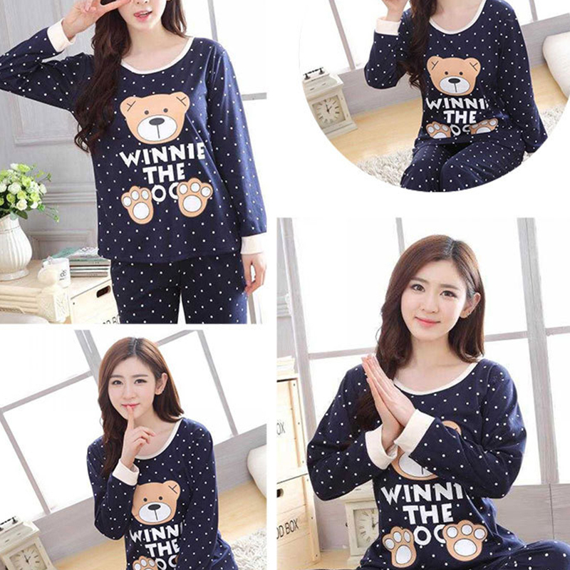 Pijamas cálidos de franela de Otoño Invierno para mujer conjuntos de ropa de dormir de manga larga suave con lindo patrón de oso