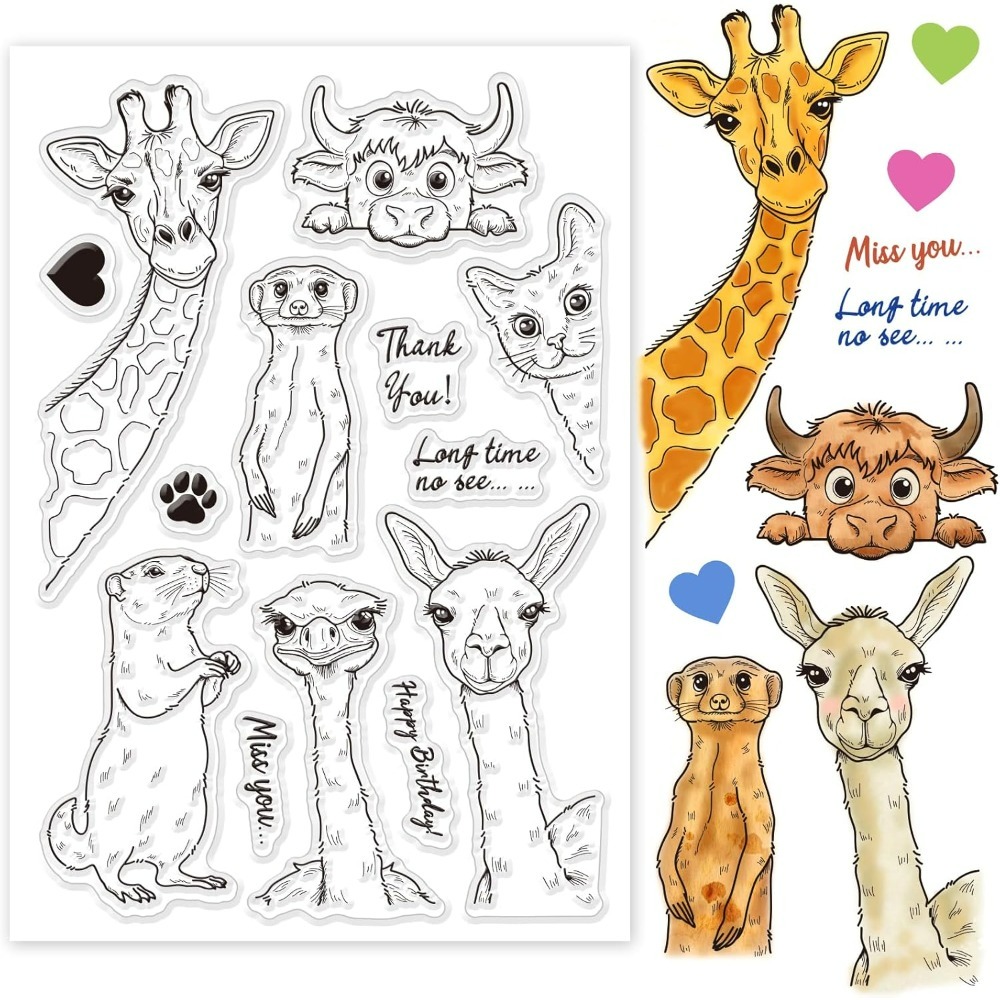 Tampons transparents têtes d'animaux drôles, divers tampons transparents, girafe, chat, vache, autruche, alpaga, marmotte, sceaux d'animaux de dessin animé: WHITE