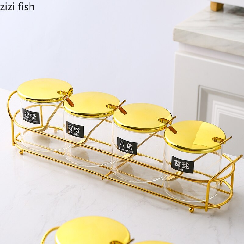 Transparent Glass Seasoning Jar with Golden Lid Household Salt Sugar Chili Jar Sealed Jam Jar Kitchen Storage Container