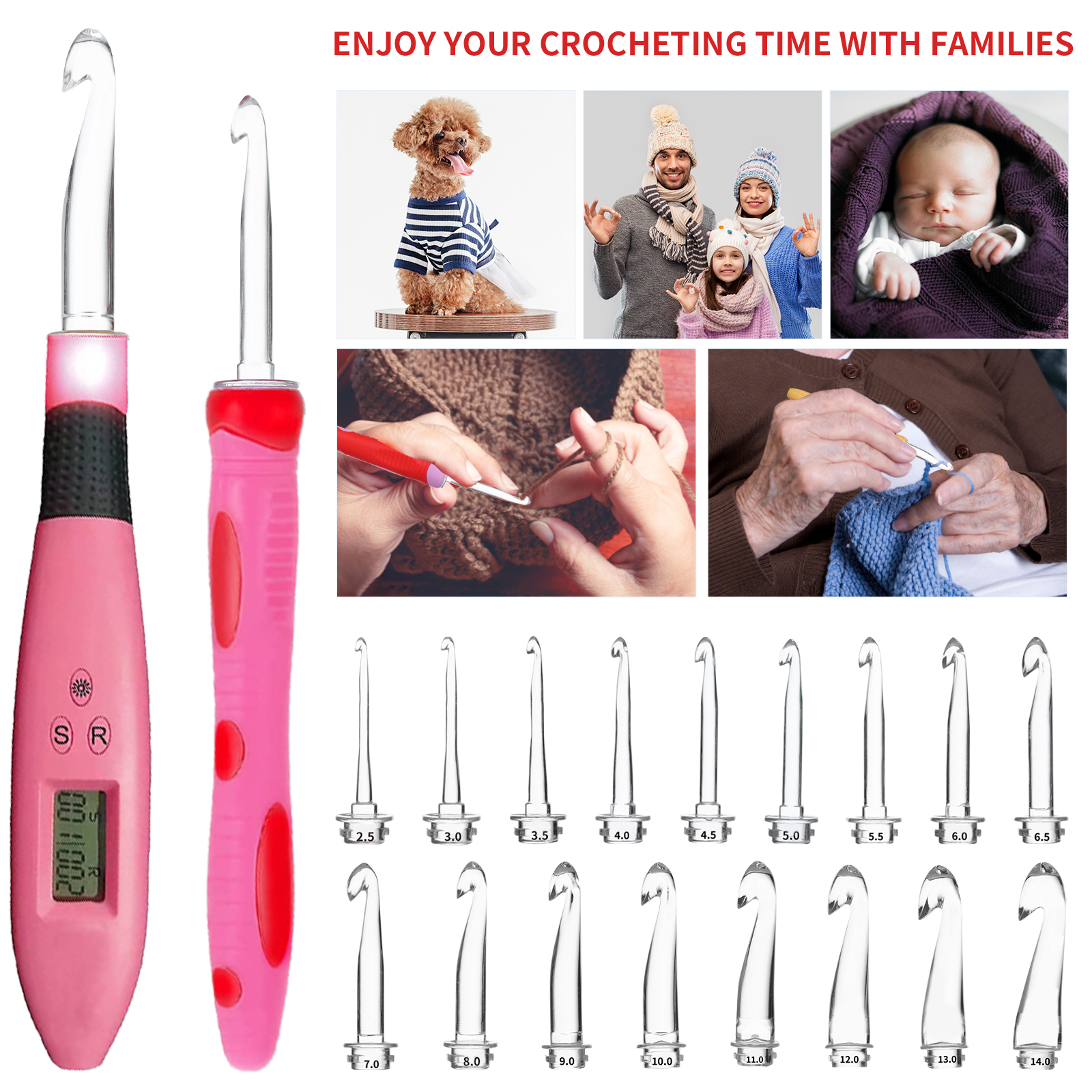 17 piece crochet set with counter, ergonomic knitting needle set, with LED light and row number counter knitting hook DIY
