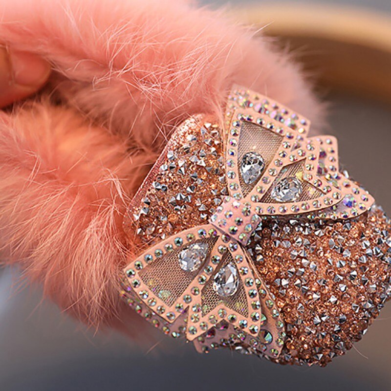 Herfst Winter Meisjes Schoenen Warme Katoen Pluche Fluffy Fur Kids Loafers Met Rhinestone Bow-Gebonden Wollen Flats Kinderen Loafer43