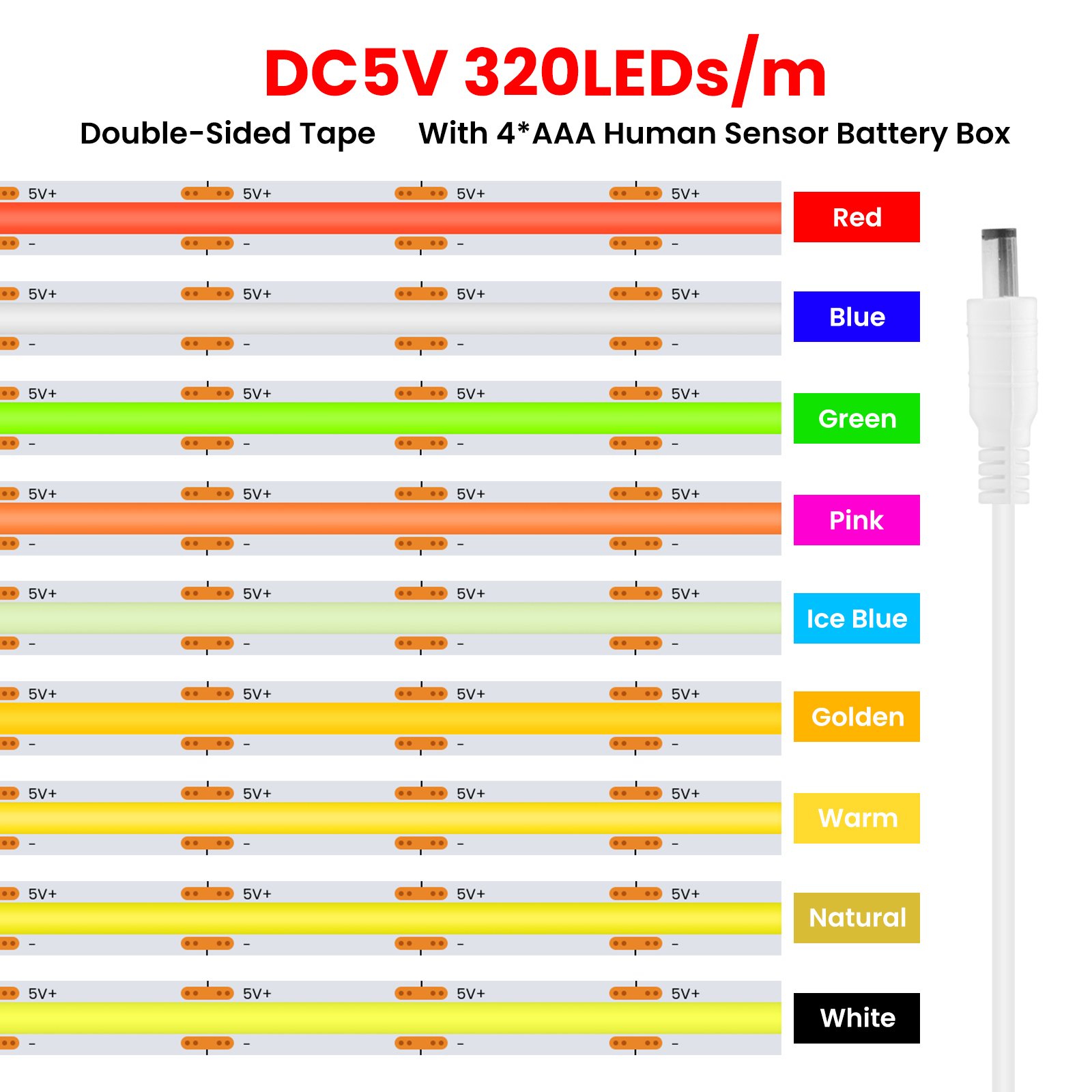 Tira de luces LED COB con Sensor humano, batería 4AAA, cinta LED Flexible regulable de 5V con cinta adhesiva para retroiluminación de armario y dormitorio