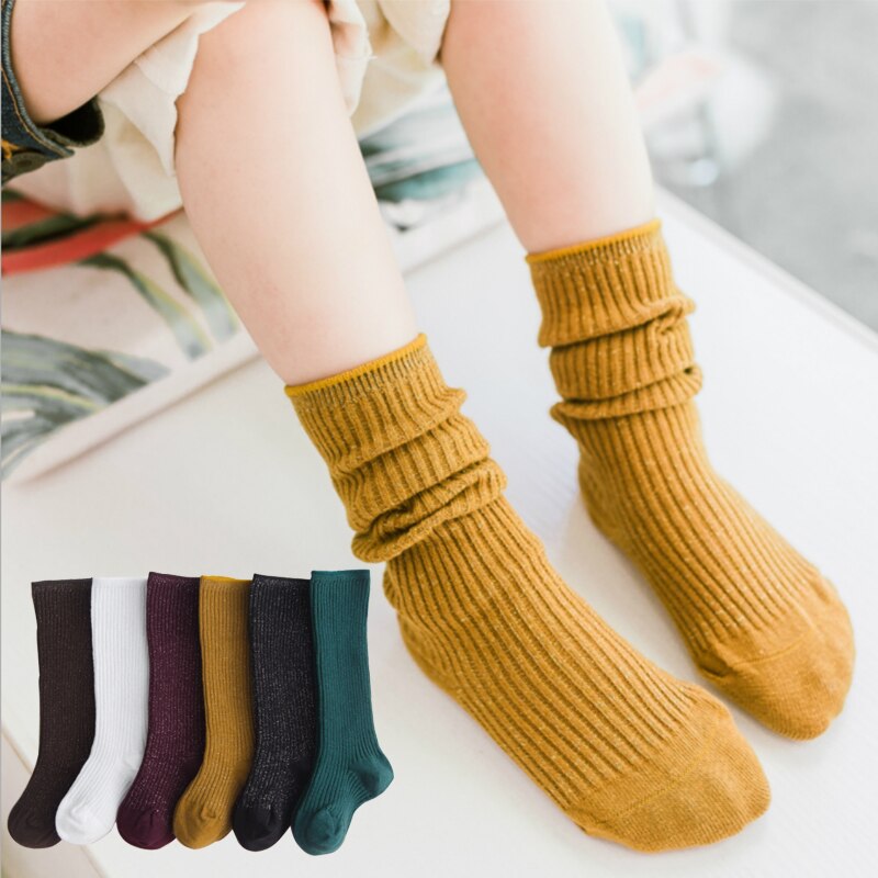 Chaussettes montantes pour enfants | Chaussettes d'hiver longues et chaudes, en coton, fil d'argent et blanc, pour petits garçons et petites filles