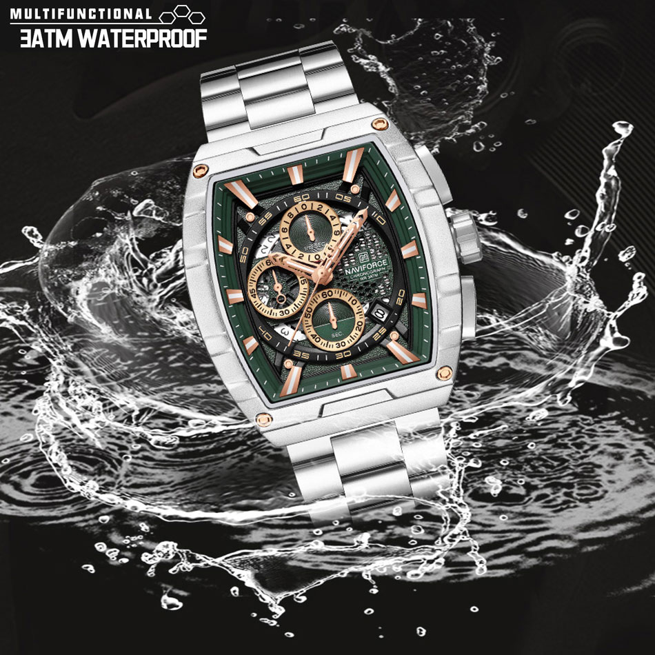 NAVIFORCE zegarek kwarcowy dla mężczyzn moda wodoodporny świecący chronograf zegarek Auto data pasek ze stali nierdzewnej zegar prezent