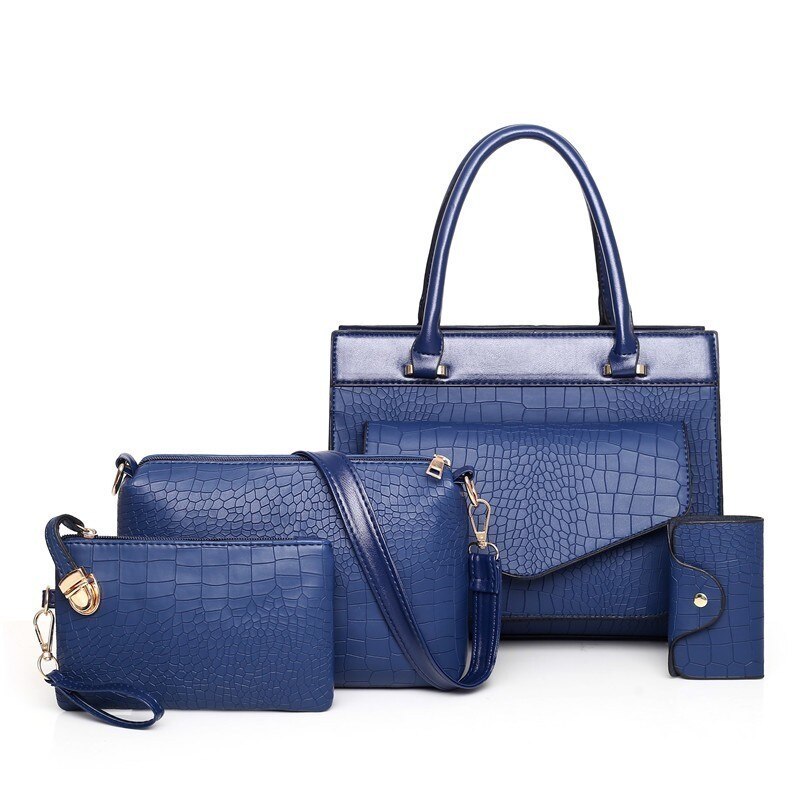 4 teile/satz Luxus Krokodil Frauen Tasche Gold rot Patent Leder Frauen Handtaschen einstellen Große Kapazität Schulter Tasche Weibliche Portemonnaie: Blau