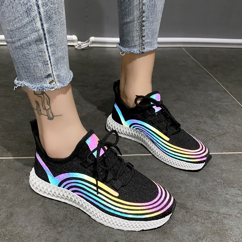 Reflective Sneakers Women Sport Running Shoes Lace Up Ladies Woman Mesh Breathable Zapatillas Zapatos De Mujer Vulcanized