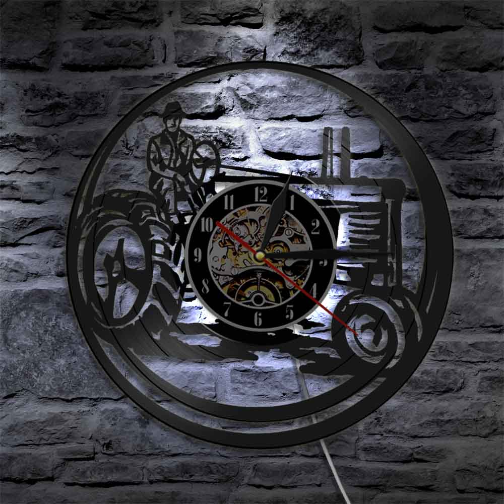 Farm Tractors Wall Clock Vintage Farmall Trucks Vinyl Record Wall Clock with LED Truck Tractor Farmhouse Home Decor Farmers