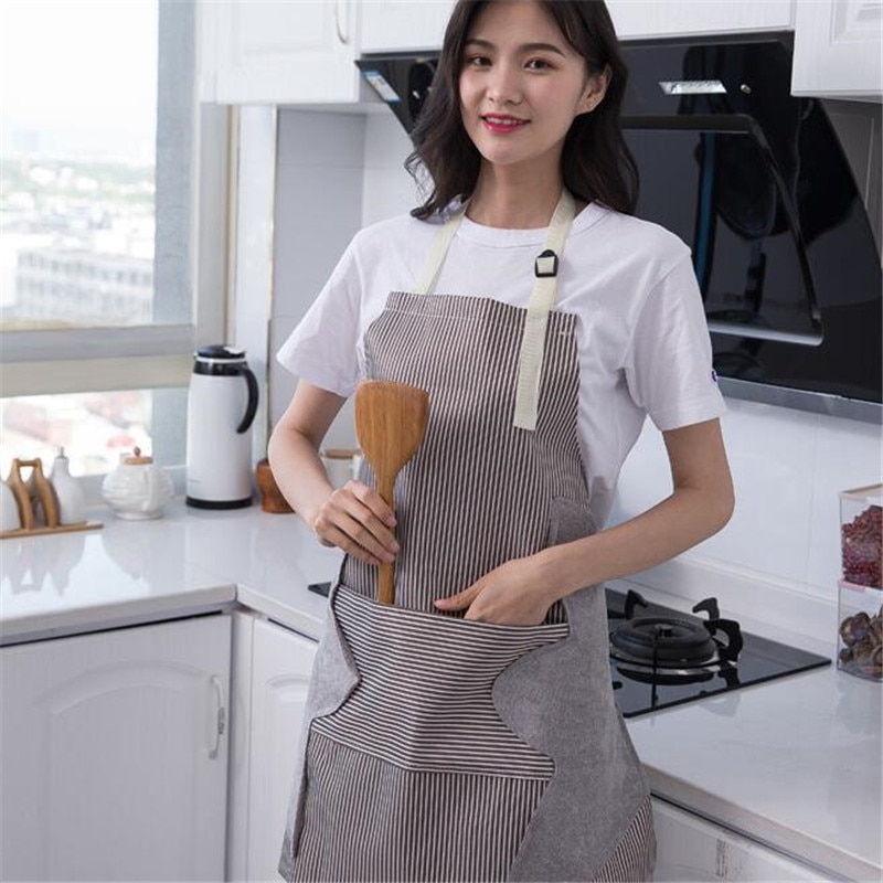 Vandtæt justerbar stribe trykt forklæde tørre hånd bib kvinder voksne køkken madlavning bagning pinafore med udvidet lomme