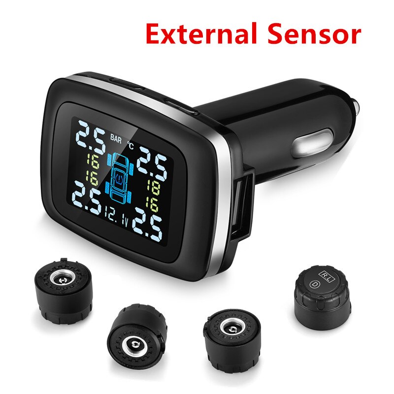 Car TPMS Tire Pressure Monitoring System Sensor USB Port Car Safety Alarm Cigarette Lighter Digital System Tire Pressure System: External Sensor