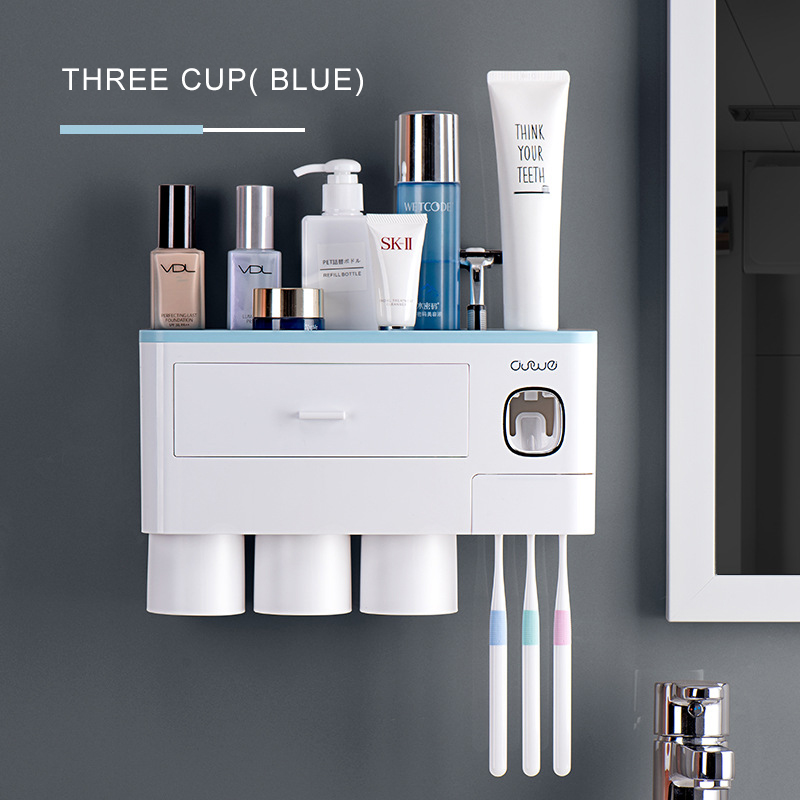 Bathroom Accessories Set Magnetic Adsorption Inverted Toothbrush Holder Automatic Toothpaste Dispenser Squeezer Storage Rack: Three Cups Blue