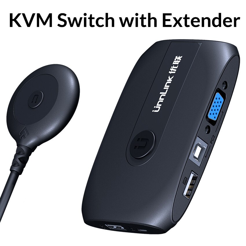 Unnlink-Selector de caja de interruptor KVM VGA 2X1, con extensor, 2 puertos, USB 2,0, compartir Monitor, teclado de ratón para 2 ordenadores Portátiles y PC: With Extender