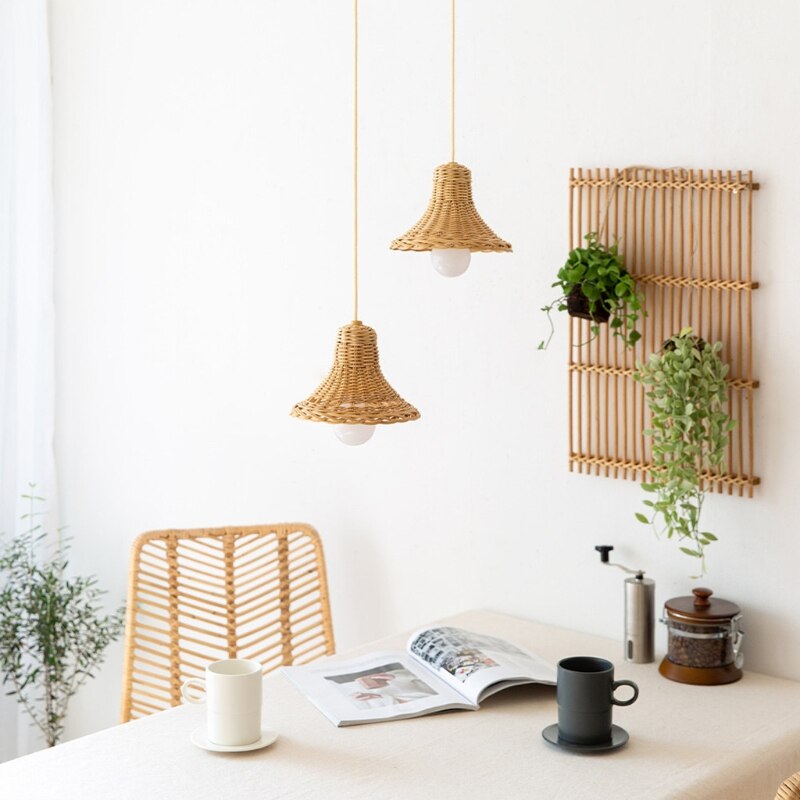 Hand-woven Natural Rattan Lampshade Chandelier Hanging Light Shades for Bedroom Living Room Homestay