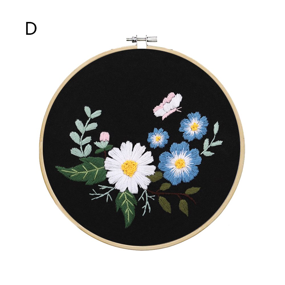 Starter Kit Embroidery Hoop Kit Sewing Craft Kit Needlework Tools Round Printed Flowers Plants Pattern Diy Handwork Threads Tool: D