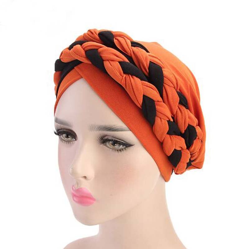 Bohemian National Twist Braid Skullies Beanies Spring Autumn Brand Turban Hats For Women Chemotherapy Cap: black orange