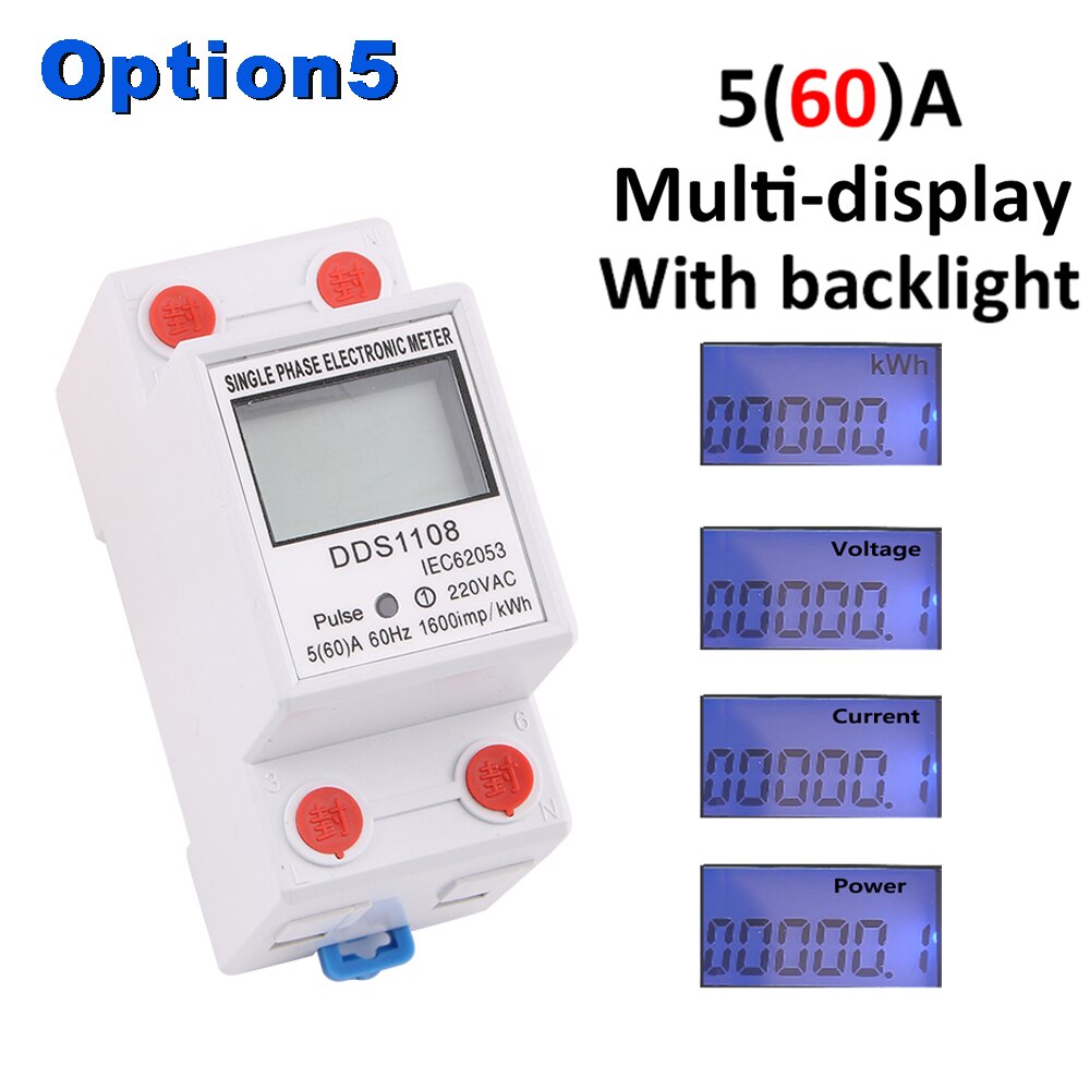 1PC Din Rail Single Phase LCD Digital Display 60A 80A Wattmeter Power Consumption Energy Electric Meter kWh AC230V 50/60Hz: 5-60A muti light