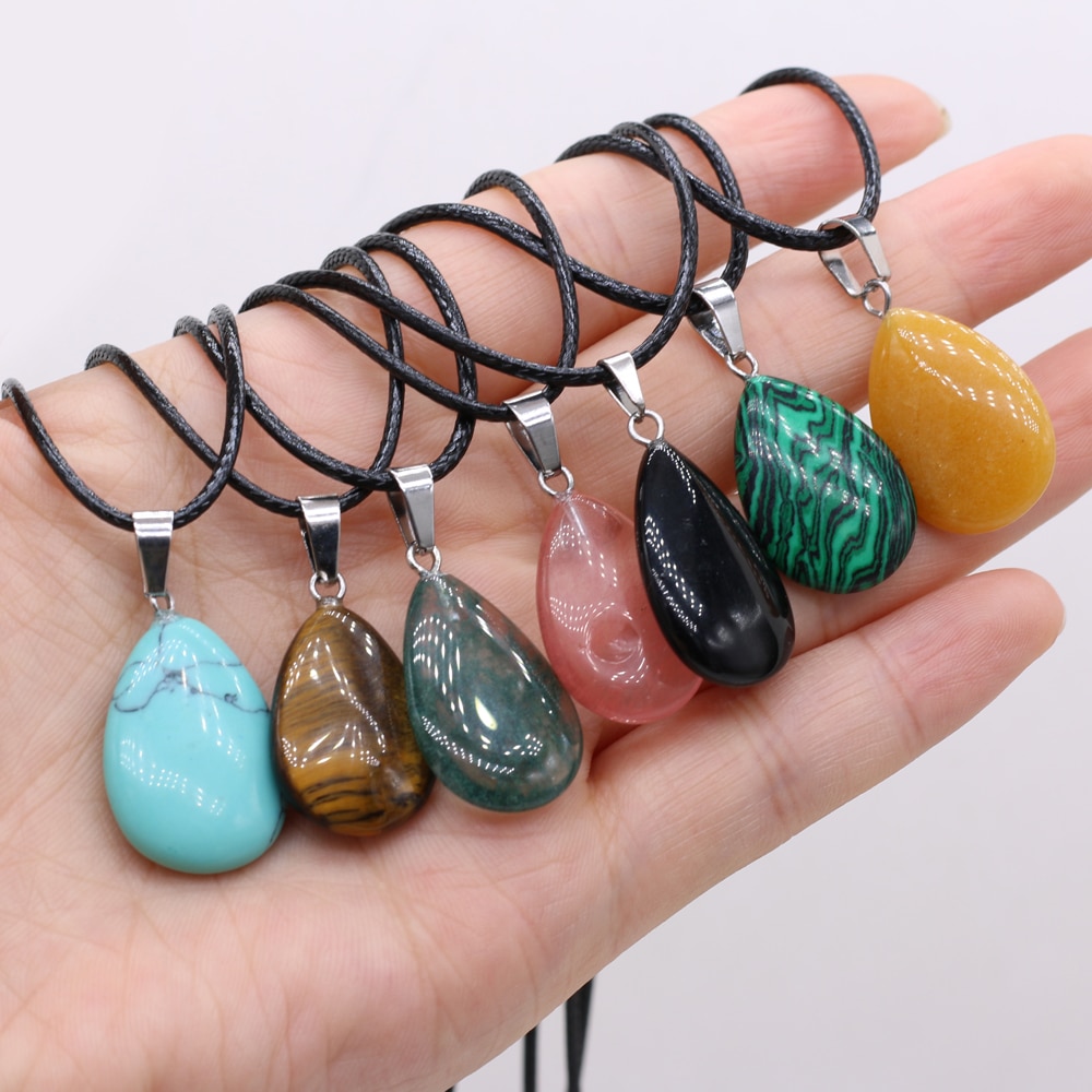 1PC Natural Tiger Eye Stone Crystal Agat Pendant Necklace Water Shape Malachite Charms Ladies Necklaces Jewelry