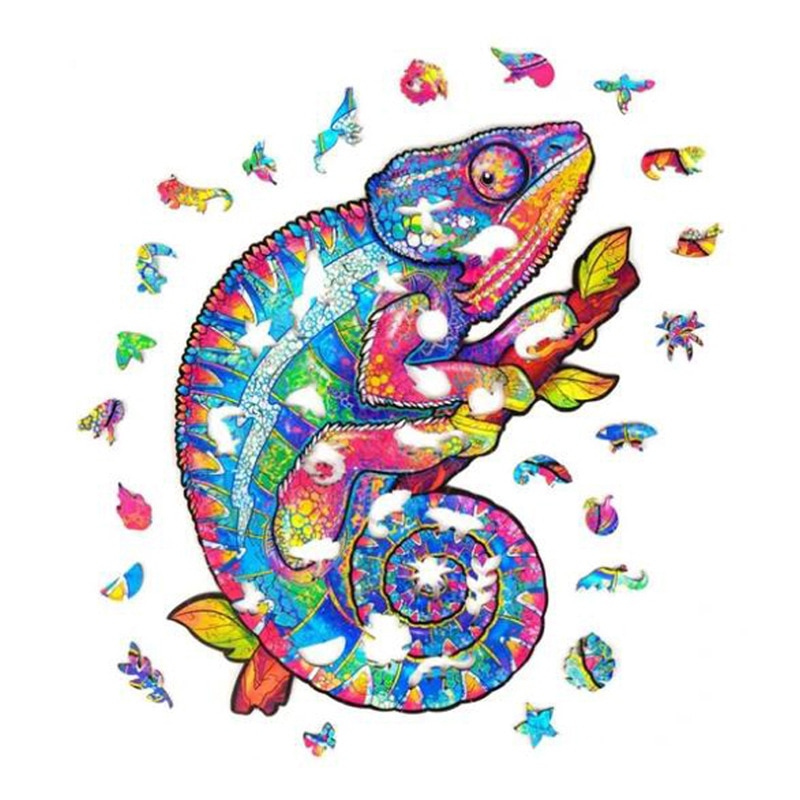 Kids Animal Wooden Puzzle for Adults Children Wood DIY Crafts Wolf Shaped Wood Decoration Puzzle Toys Educational Game Toys: Chameleon