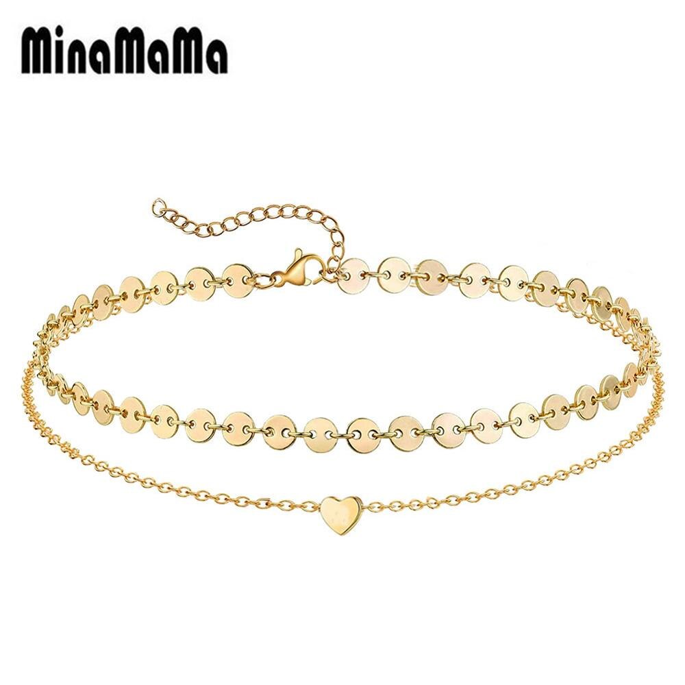 Stainless Steel Sequins Anklet for Women Double Layers Barefoot Sandals Heart Foot Bracelet Anklet Boho Beach Jewelry