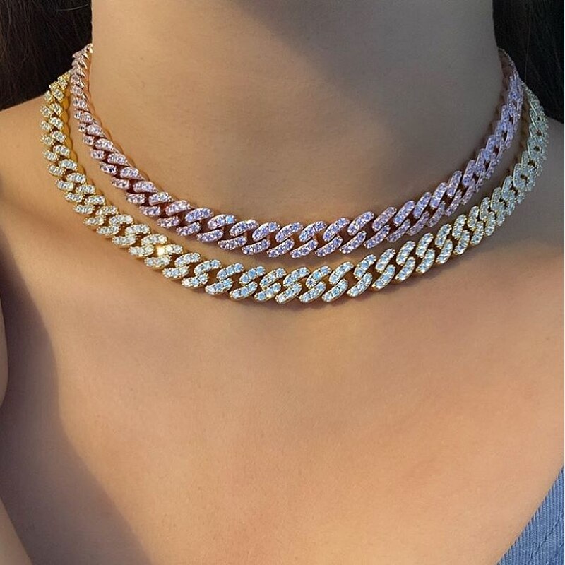 Miami Cuban Link Chain Necklace 9mm Full BlinG BlinG Iced Out colorful cubic zirconia cz Gold Jewelry Necklace