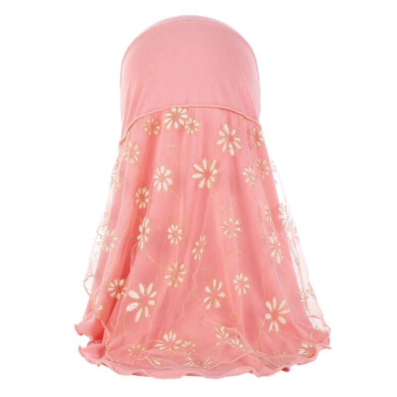 Children Kids Muslim Small Girl Hijab With Lace Flower Pattern Islamic Scarf Shawls Stretch 56cm 7-11 Years Old