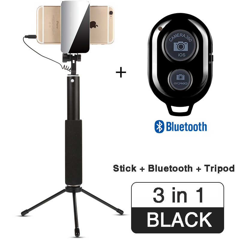 Palo de selfi con Bluetooth para teléfono móvil, palo de Selfie con Control remoto, trípode, soporte de mesa, espejo, para Xiaomi/Huawei: 3 in 1 black