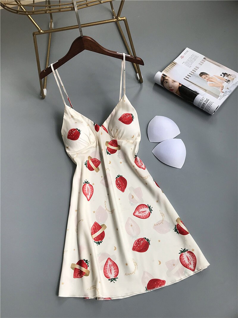 Printed Satin Women Nightgown Sexy Sleepwear Sleeveless Pyjamas with Chest Pad Girl Short Nightdress