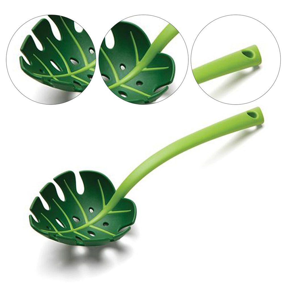 Green Monstera Leaf Colander Multifunctional Long-Handled Spaghetti Slotted Serving Spoon Salad Slotted Spoon For Home Kitchen