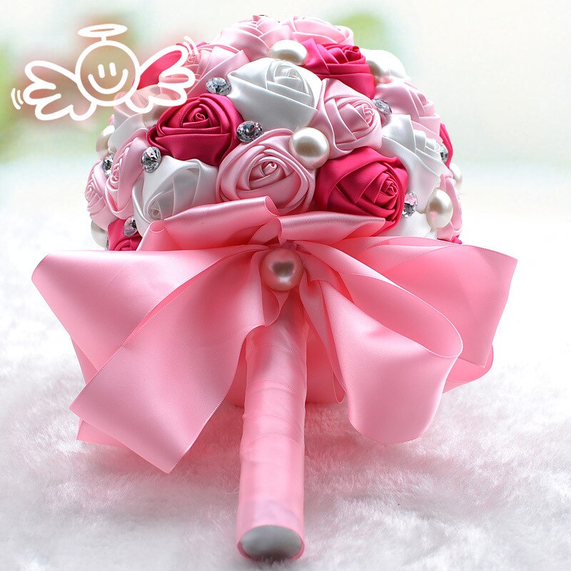 Top Cream Pink Hand Made Decorative Artificial Silk Rose Flower Bride Bridal Crystal Wedding Bouquets