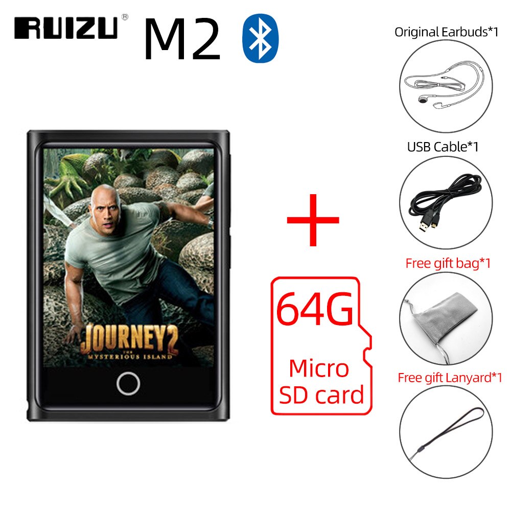 RUIZU-reproductor MP3 M2 completamente táctil, por Bluetooth, reproductor de Audio portátil de 8GB 16GB con Radio FM, grabación de E-book, reproductor de vídeo: With 64GB TF Card / 16 GB