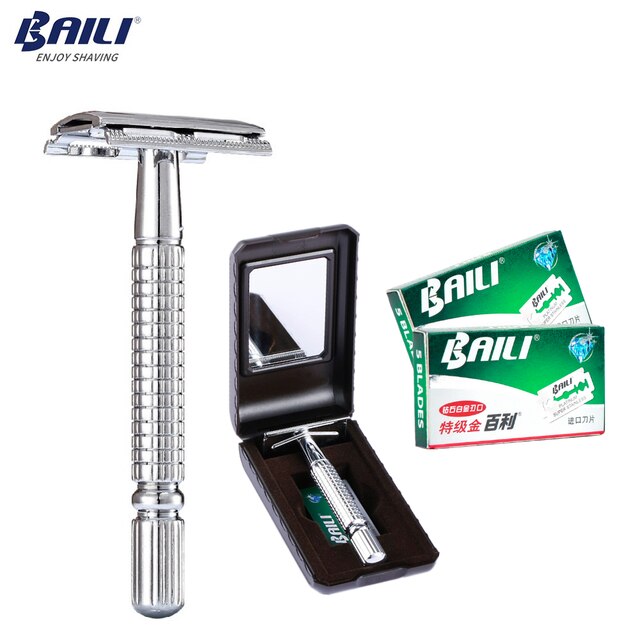 BAILI Manual Safety Razor Silver Classic 3 Piece Double Edge Wet Shaving Men Shaver Women Hair Removal with Free Platinum Blades: Razor suit G