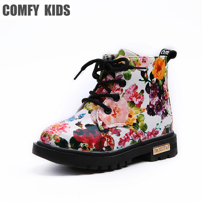 Confortable enfants chaussures filles bottes florales caoutchouc semelle fille enfant Botas gracieuse fleur imprimer Martin bottes taille 21-30: 607 White / 10