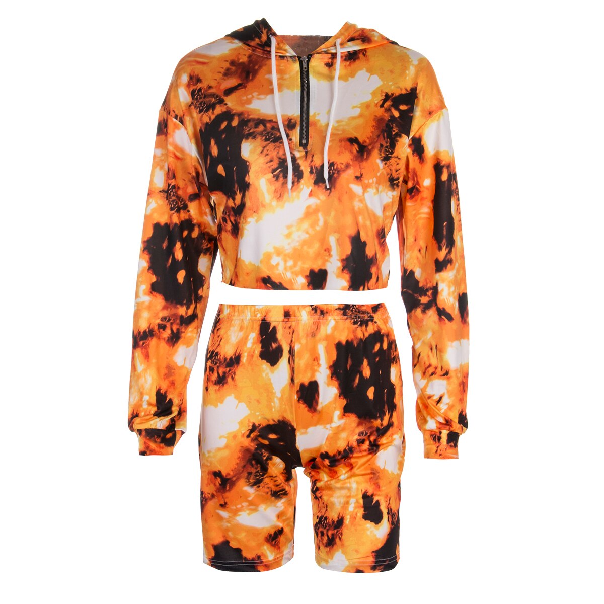 Tie Dye Drucken Casual Sport Zwei Stück Set Frauen Langarm Mit Kapuze Sweatshirt Top + Shorts Lauf Outfit Streetwear: A / S