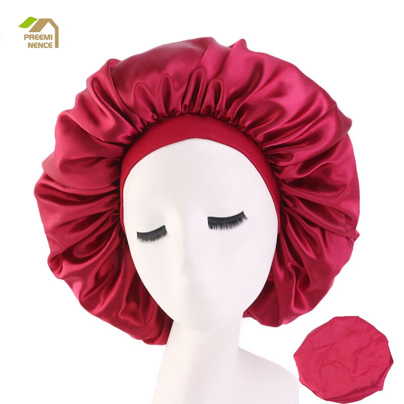 Ensfarvet satin hat hår nat badehætte til badeværelse hairbonnet sleep night cap cap til kvinder stor størrelse print satinsilk
