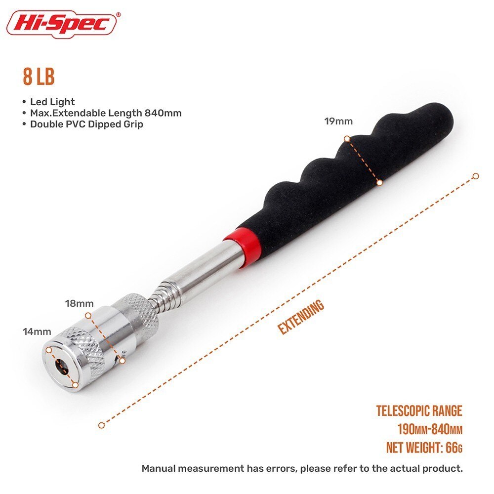 Hi-Spec 8LB Flexible Heavy Duty Telescopic Magnet Pick-up Tool Strong Magnet Magnetic Pen 510mm Extendable Hand Tool PT001: 8lb LED Light