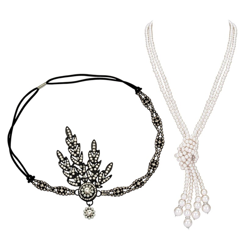 Great Gatsby Accessories Set for Women 1920s Flapper Pearl Necklace Headband Leaf Headpiece Party Costume Jewelry: black P125