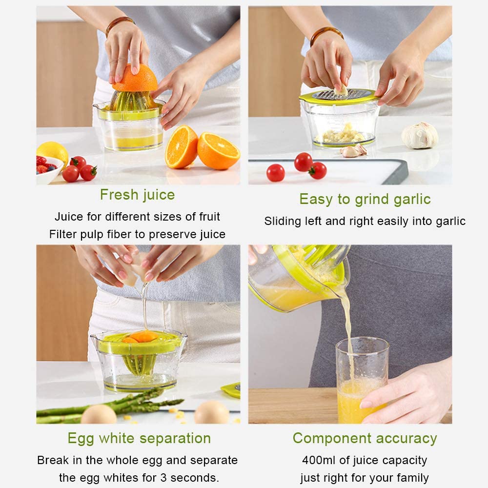 Handmatige citroen-sinaasappelpers met ingebouwde maatbeker, rasp, handpers, multifunctionele pers, extractor, keukenaccessoires