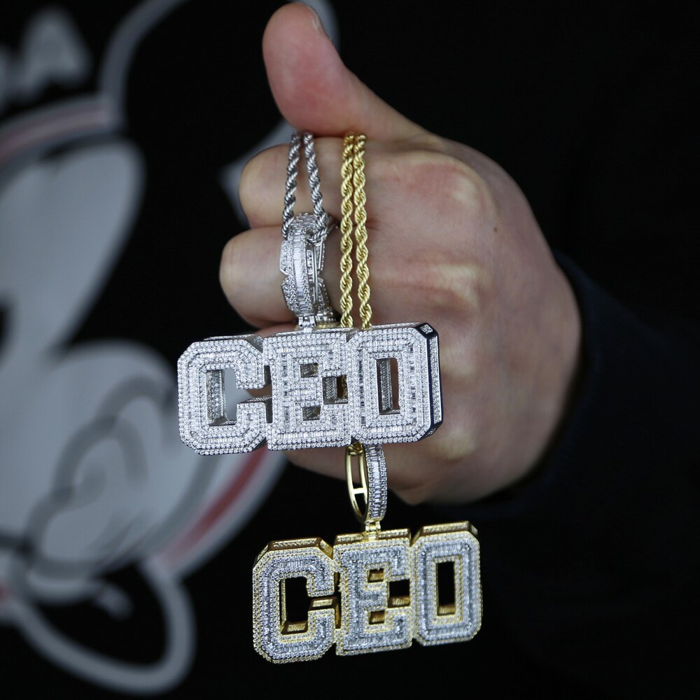 Iced Out Bling Cubic Zirconia CEO Necklace 3 D Two Tone Color Letters CEO Pendant Necklaces Hip Hop Men Women Jewelry