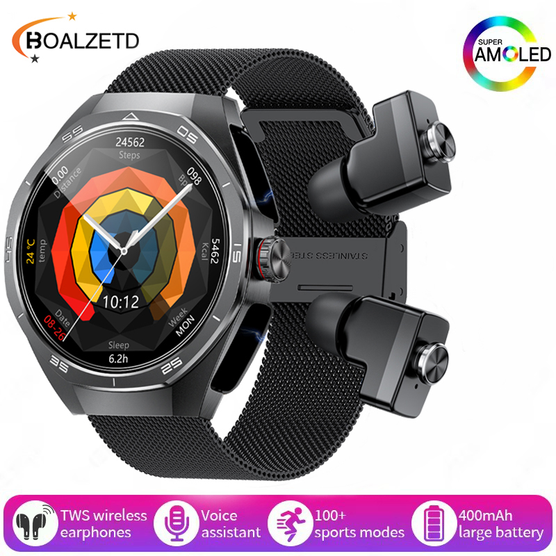 Nuovo Smart Watch da uomo con auricolari Bluetooth TWS 2 in 1 Altoparlante incorporato HIFI 9D Suono Monitor sanitario Chiamata Bluetooth SmartWatch: Grigio