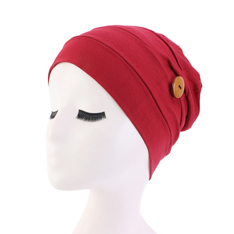 Tulband moslim effen kleur arabische wikkel tulbanden mutsen met knopen vrouwen hoofddoek binnen hijabs casual zomer: Wijnrood
