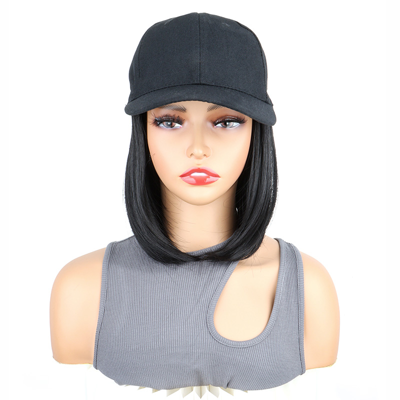 Pelucas sintéticas cortas y rectas para sombrero Bobo, gorra de béisbol, peluca ajustable en negro y marrón para mujer: Beige