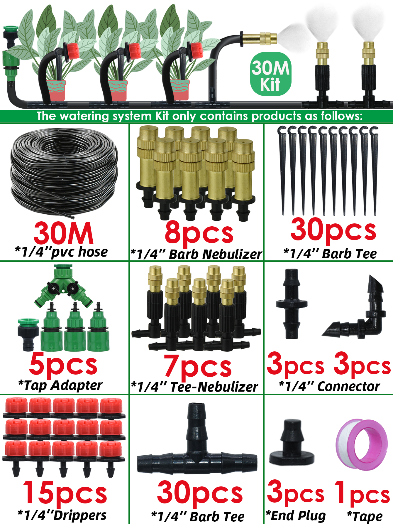 Sprycle 5M-50M Automatic Watering System Kit Garden Micro Drip Irrigation Controller DIY Cooling Mist Spray for Vegetable Flower: green