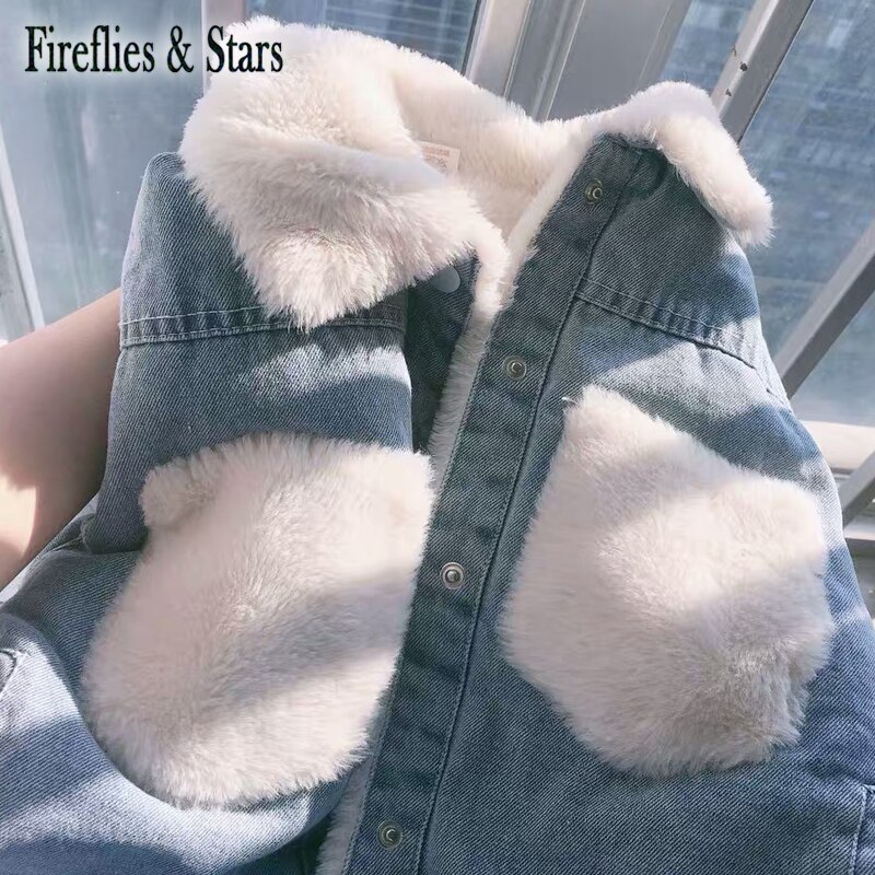 Winter Girls Denim Jacket Baby Coat Toddler Outwear Kids Warm Clothes Fur White Pocket Faux Rabbit Hair 2 To 9 Yrs