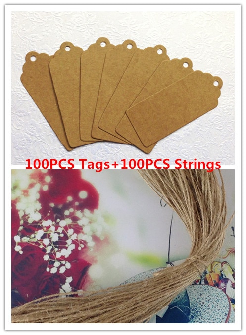 100 stks Bruin Kraftpapier Tags + 100 stks string Voor DIY Ambachten Prijskaartjes Bagage Tags Naam Tags 6x2.5 cm