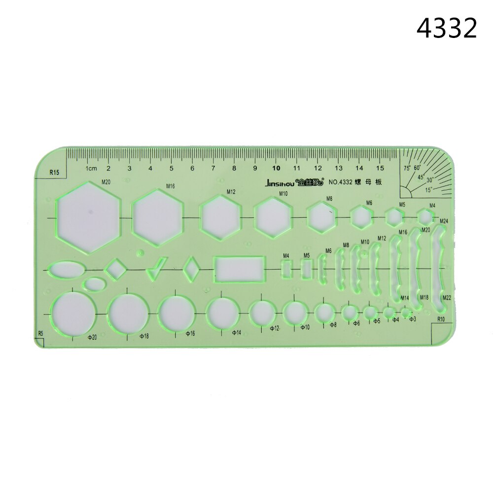 Regla de herramientas de medición de papelería de laboratorio de plástico verde, regla de diez tipos de plantillas, regla de geometría, regla de plantilla de dibujo, suministros escolares 1 unidad