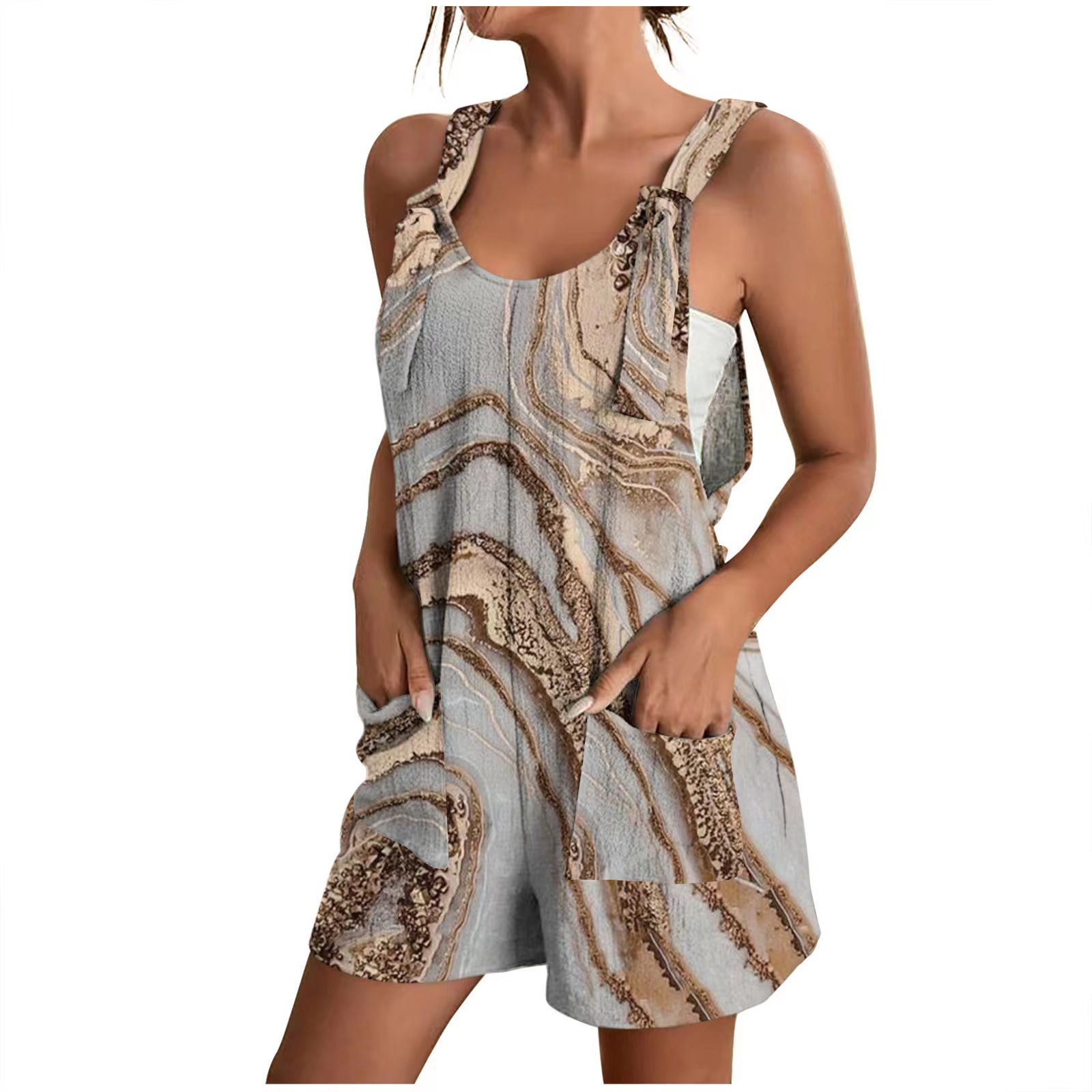 Mamelucos para mujer, monos de pierna ancha de verano, pantalones cortos con tirantes y nudo, mameluco, monos casuales cómodos con bolsillos: S / Caqui
