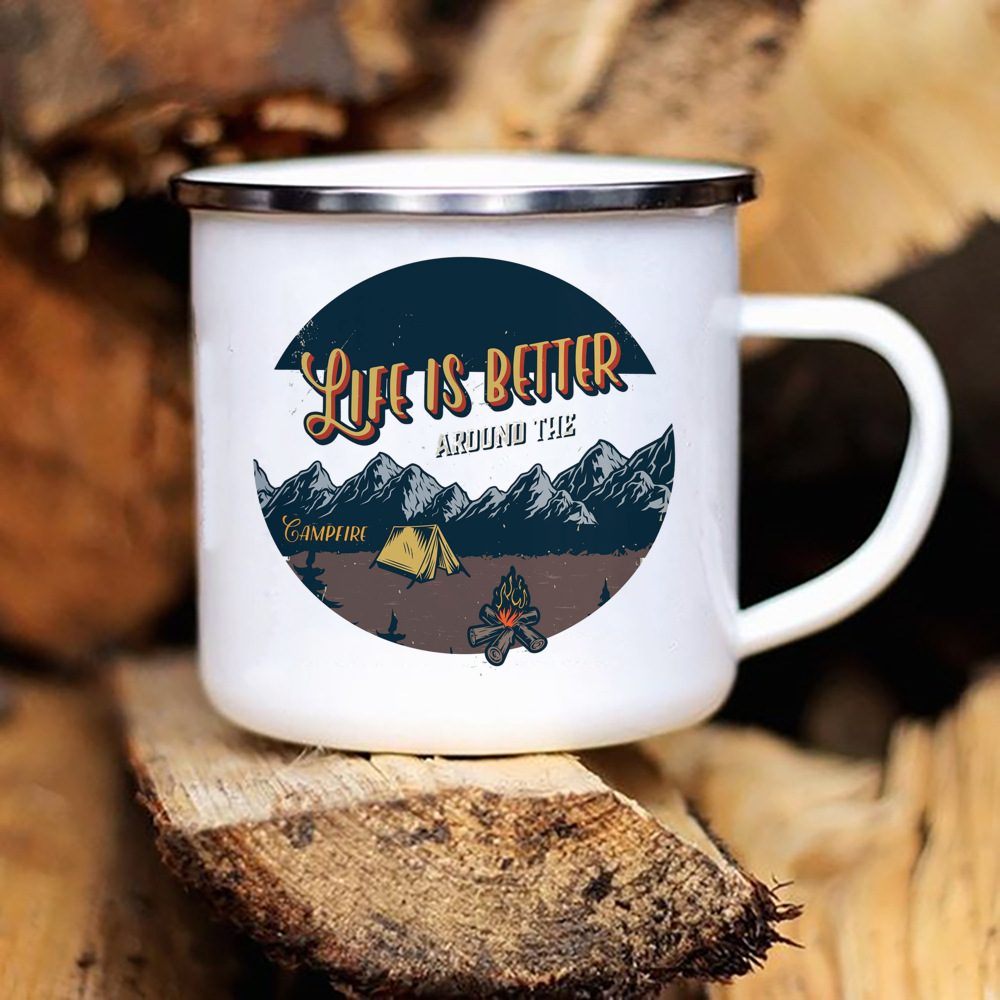 Tazas de Camper con estampado de caravana, taza esmaltada para acampar, aventura, fogata, , cerveza, jugo, tazas con mango de montaña, para Camper: Multicolor