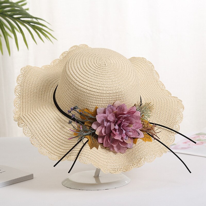 Summer Female Sun Hat Flower Ribbon Panama Beach Hats For Women Sombrero Floppy Straw Hat: HT7097BG